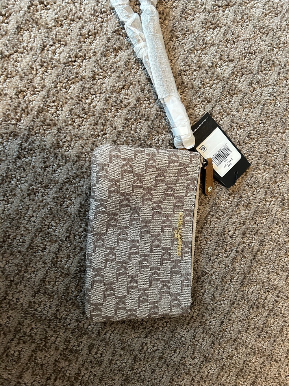 Adrienne Vittadini Taupe Monogram Wristlet with Gold Accent